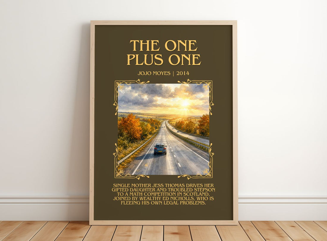 The One Plus One Minimalist Book Poster by Jojo Moyes – framed print leaning on a wooden floor