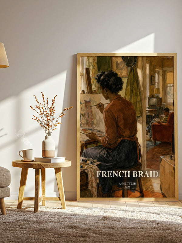 French Braid watercolour print in frame leaning in hallway – literary fiction wall art