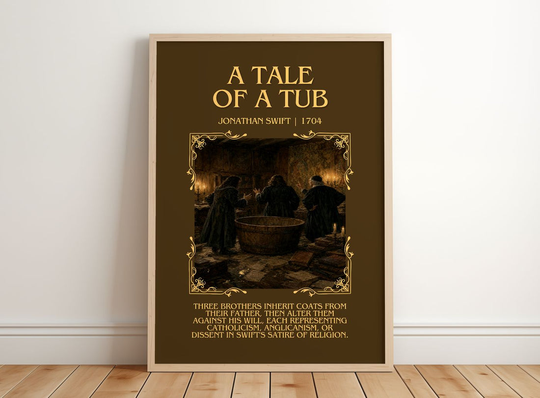 A Tale Of A Tub Minimalist Book Poster by Jonathan Swift – framed print leaning on a wooden floor