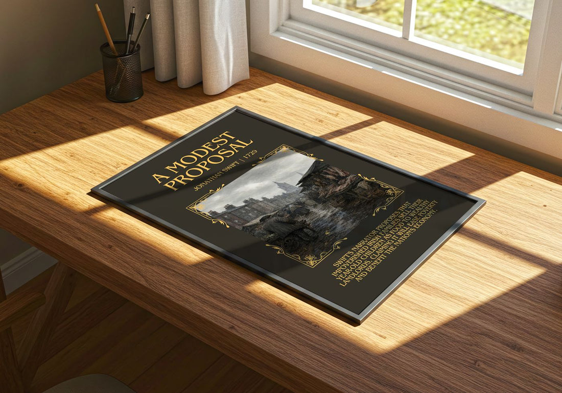 A Modest Proposal Minimalist Book Poster by Jonathan Swift – print on a sunlit desk