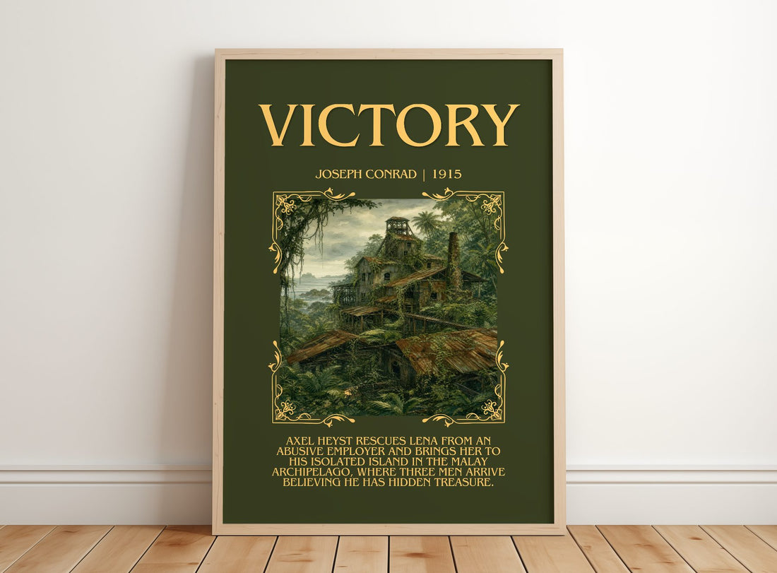 Victory Minimalist Book Poster by Joseph Conrad – framed print leaning on a wooden floor