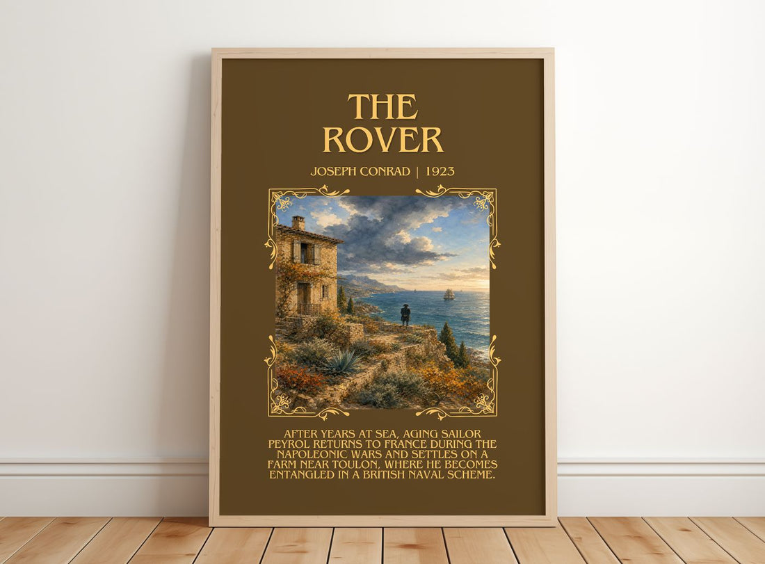 The Rover Minimalist Book Poster by Joseph Conrad – framed print leaning on a wooden floor