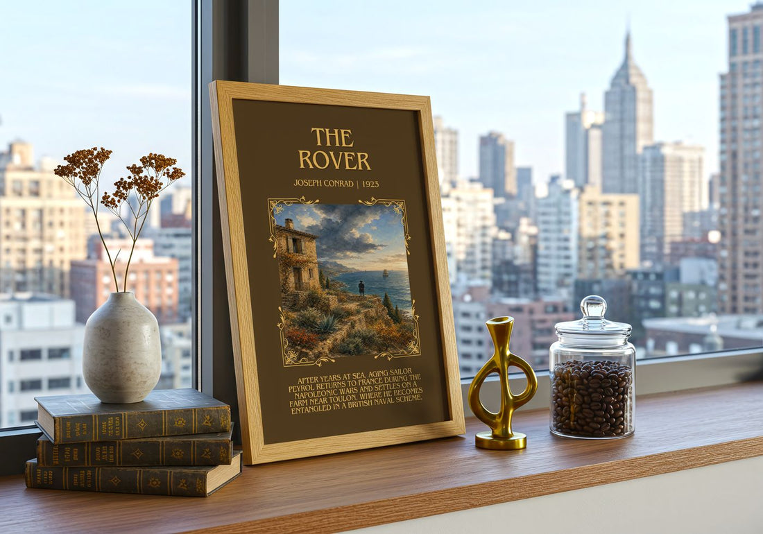 The Rover Minimalist Book Poster by Joseph Conrad – framed print on a city-view windowsill