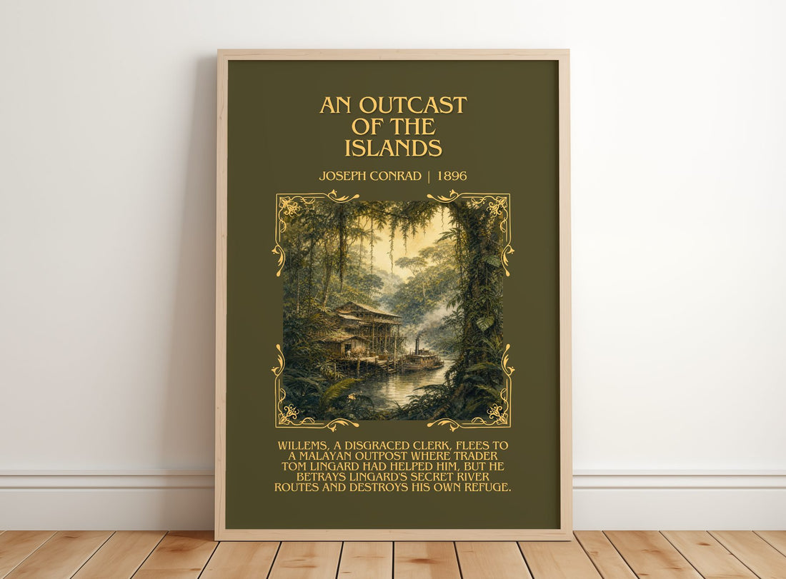An Outcast Of The Islands Minimalist Book Poster by Joseph Conrad – framed print leaning on a wooden floor