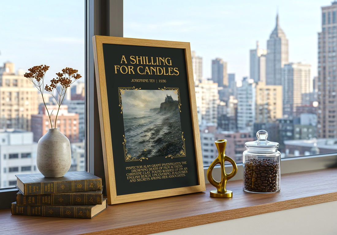 A Shilling For Candles Minimalist Book Poster by Josephine Tey – framed print on a city-view windowsill