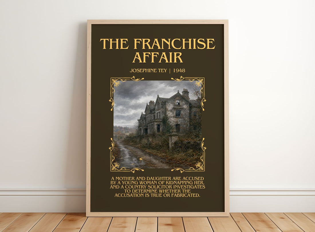 The Franchise Affair Minimalist Book Poster by Josephine Tey – framed print leaning on a wooden floor