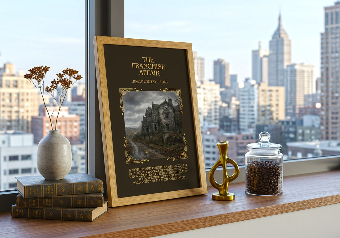 The Franchise Affair Minimalist Book Poster by Josephine Tey – framed print on a city-view windowsill