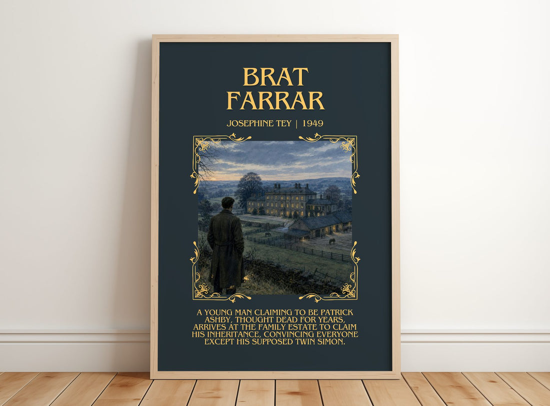 Brat Farrar Minimalist Book Poster by Josephine Tey – framed print leaning on a wooden floor