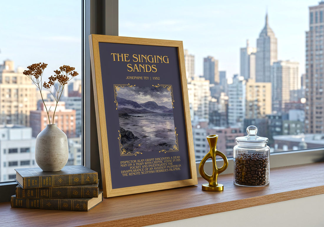 The Singing Sands Minimalist Book Poster by Josephine Tey – framed print on a city-view windowsill