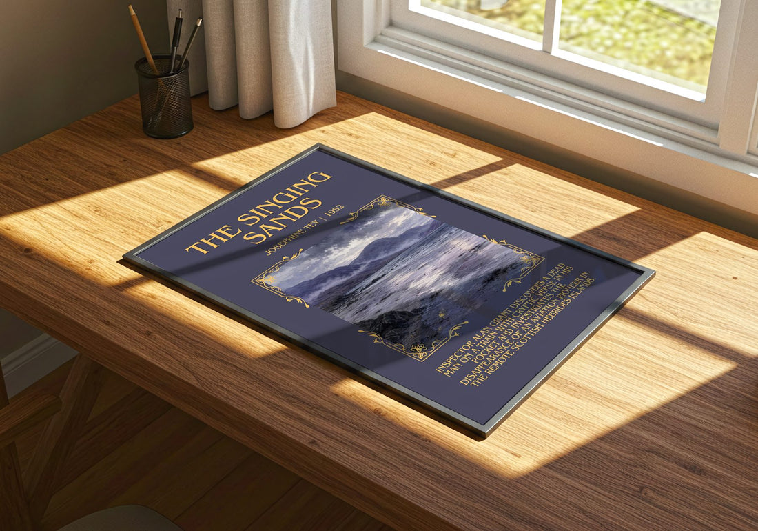 The Singing Sands Minimalist Book Poster by Josephine Tey – print on a sunlit desk