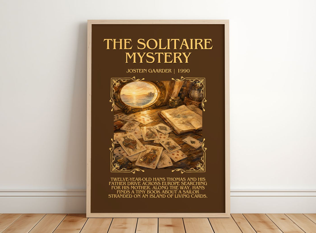 The Solitaire Mystery Minimalist Book Poster by Jostein Gaarder – framed print leaning on a wooden floor