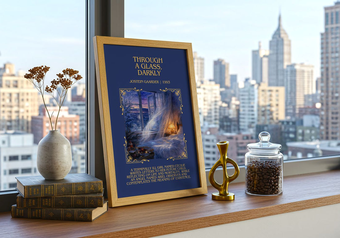 Through A Glass, Darkly Minimalist Book Poster by Jostein Gaarder – framed print on a city-view windowsill