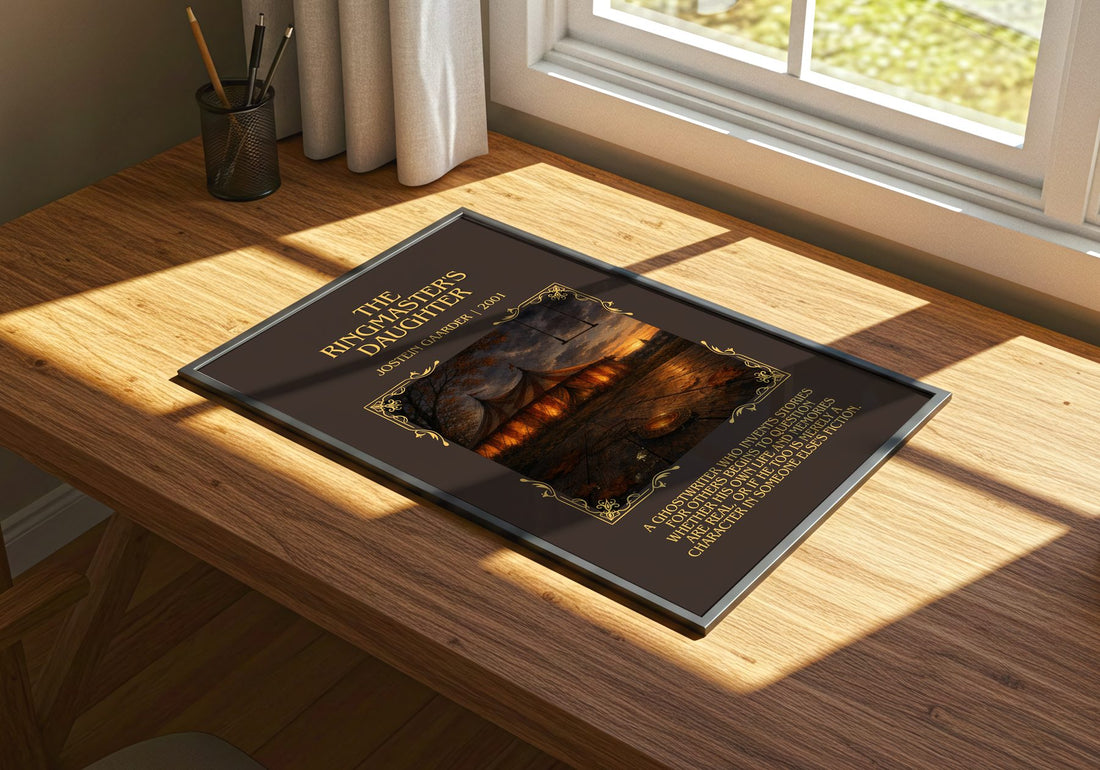 The Ringmaster'S Daughter Minimalist Book Poster by Jostein Gaarder – print on a sunlit desk