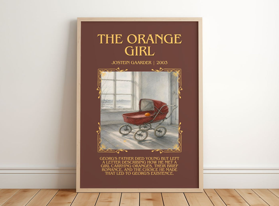 The Orange Girl Minimalist Book Poster by Jostein Gaarder – framed print leaning on a wooden floor