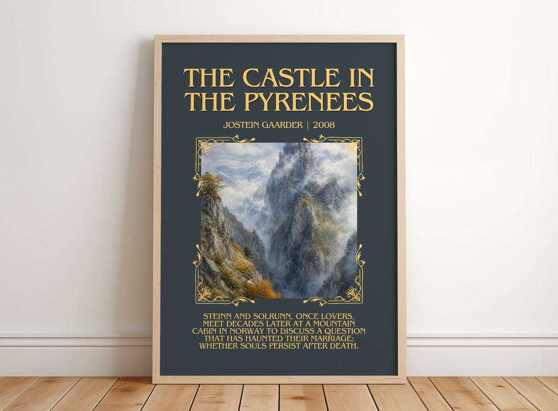 The Castle In The Pyrenees Minimalist Book Poster by Jostein Gaarder – framed print leaning on a wooden floor