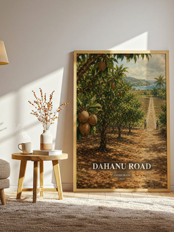 Dahanu Road watercolour print in frame leaning in hallway – literary fiction wall art