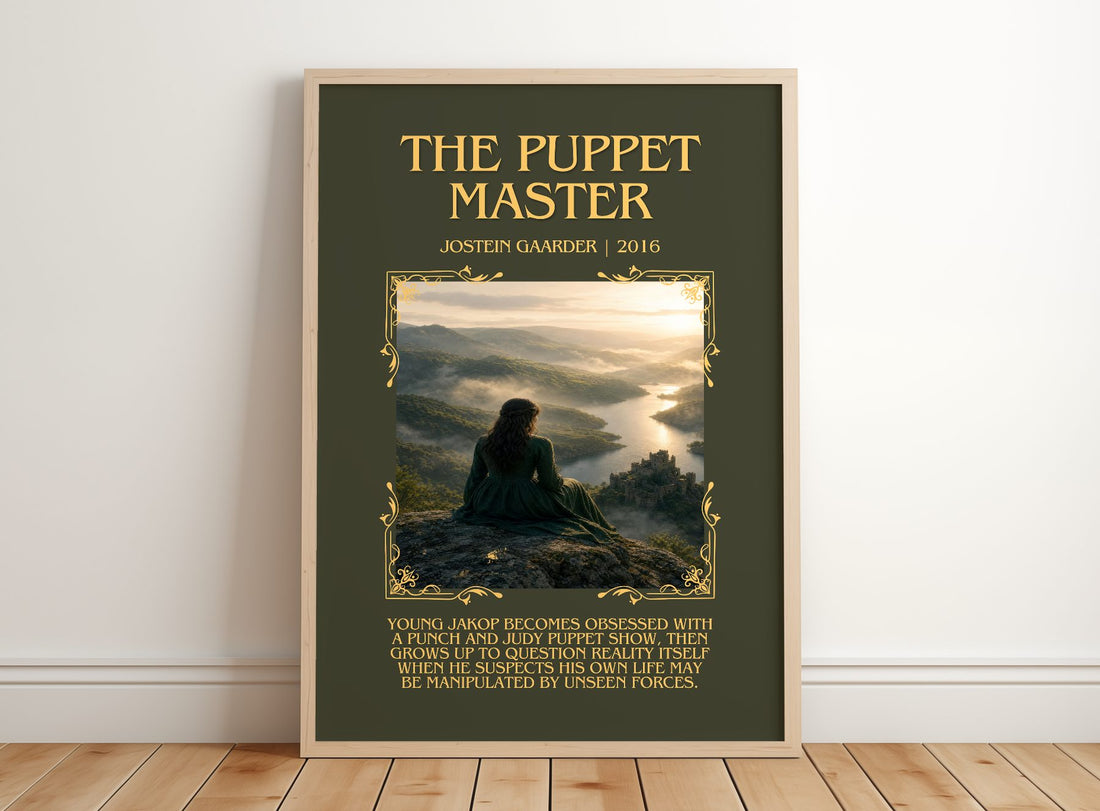 The Puppet Master Minimalist Book Poster by Jostein Gaarder – framed print leaning on a wooden floor