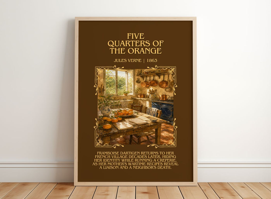 Five Quarters Of The Orange Minimalist Book Poster by Jules Verne – framed print leaning on a wooden floor