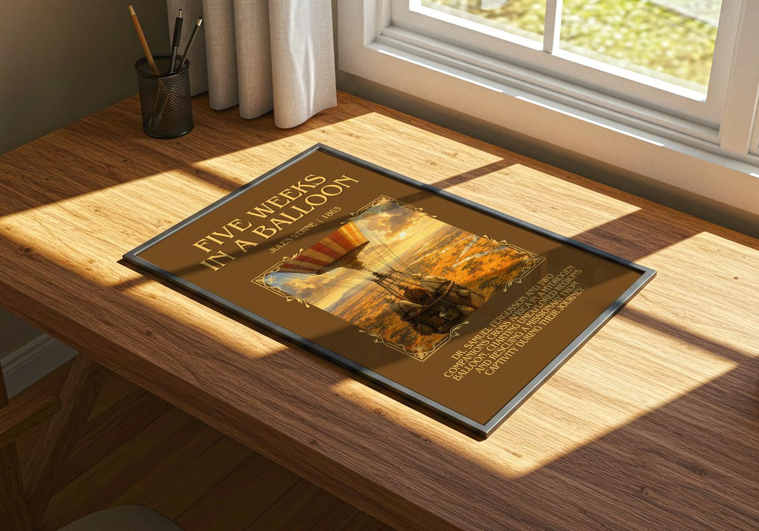 Five Weeks In A Balloon Minimalist Book Poster by Jules Verne – print on a sunlit desk