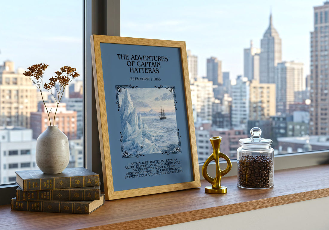 Adventures Of Captain Hatteras Minimalist Book Poster by Jules Verne – framed print on a city-view windowsill