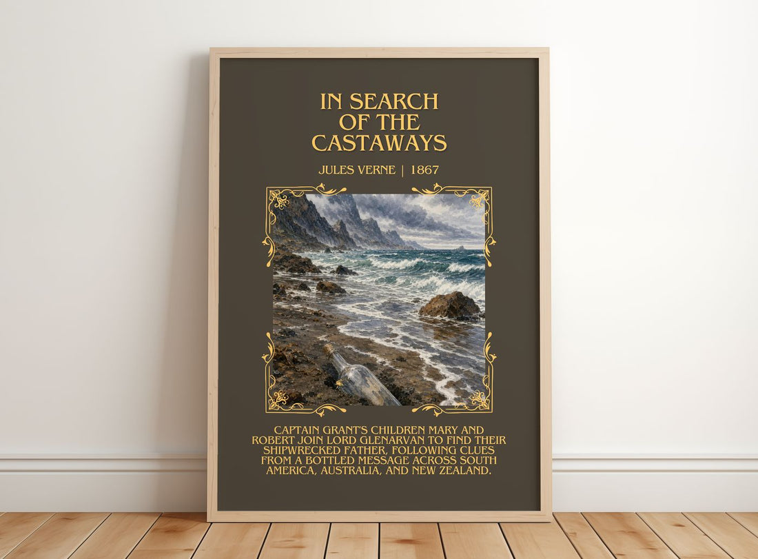 In Search Of The Castaways Minimalist Book Poster by Jules Verne – framed print leaning on a wooden floor