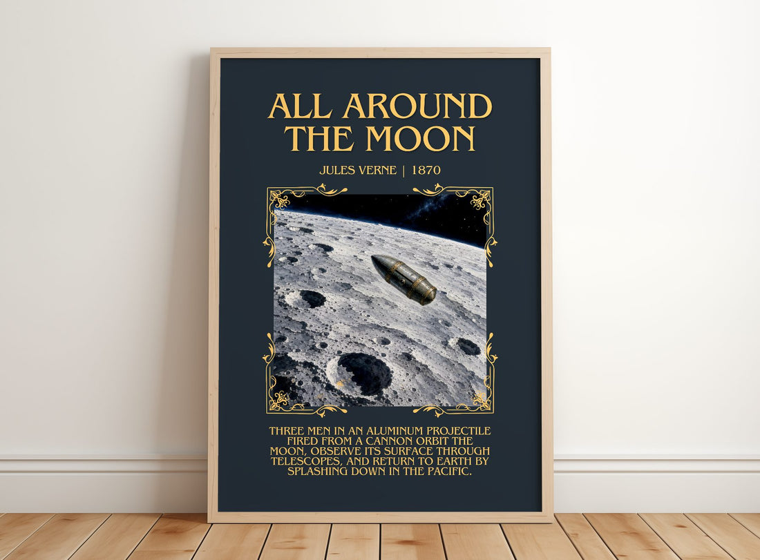 All Around The Moon Minimalist Book Poster by Jules Verne – framed print leaning on a wooden floor