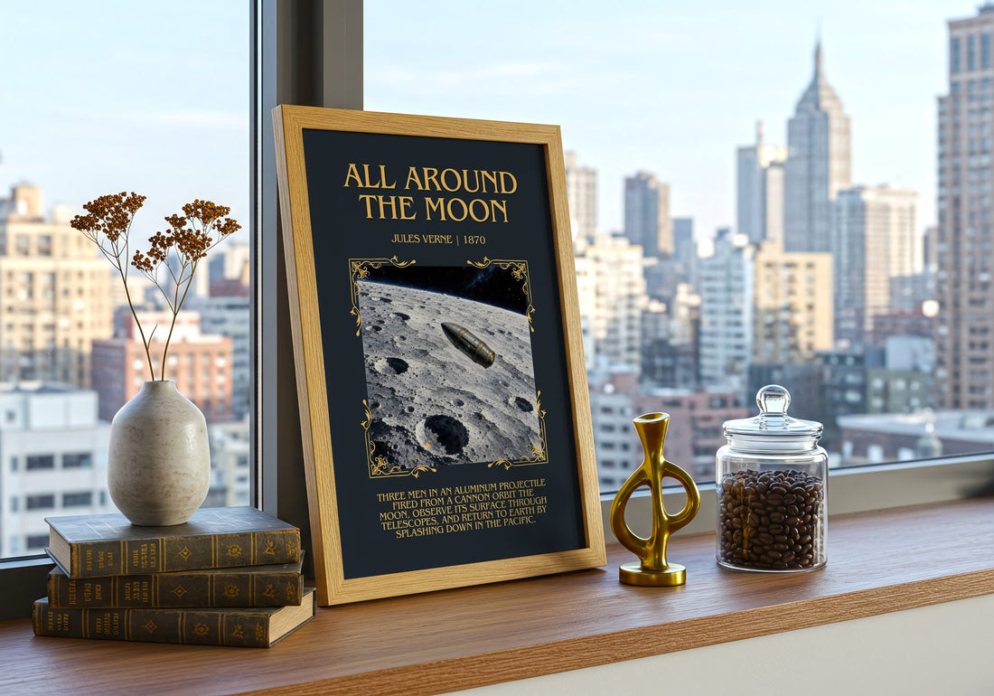 All Around The Moon Minimalist Book Poster by Jules Verne – framed print on a city-view windowsill