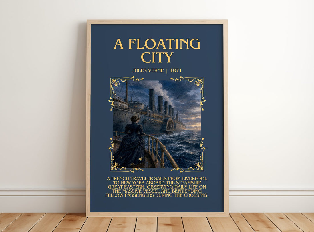 A Floating City Minimalist Book Poster by Jules Verne – framed print leaning on a wooden floor