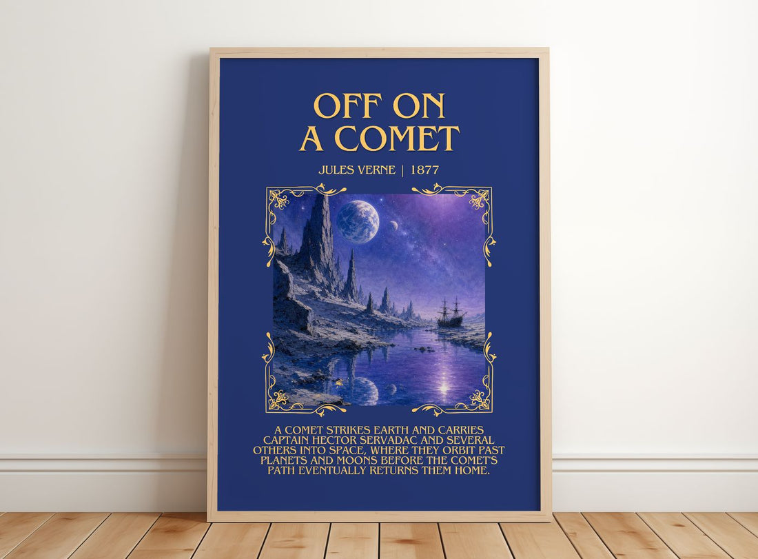 Off On A Comet Minimalist Book Poster by Jules Verne – framed print leaning on a wooden floor