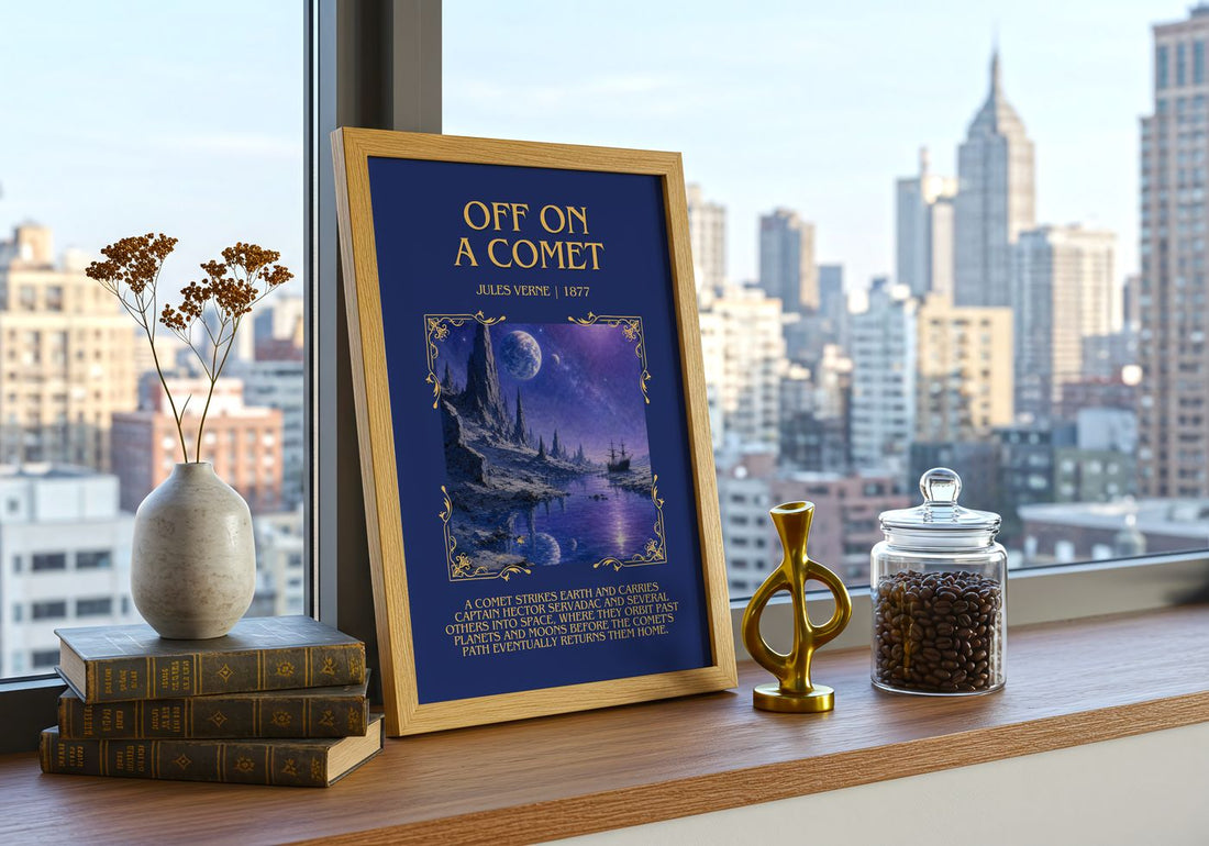 Off On A Comet Minimalist Book Poster by Jules Verne – framed print on a city-view windowsill