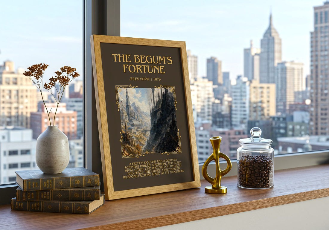 The Begum'S Fortune Minimalist Book Poster by Jules Verne – framed print on a city-view windowsill