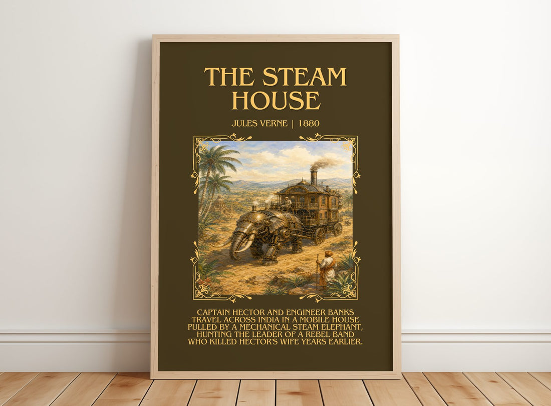 The Steam House Minimalist Book Poster by Jules Verne – framed print leaning on a wooden floor