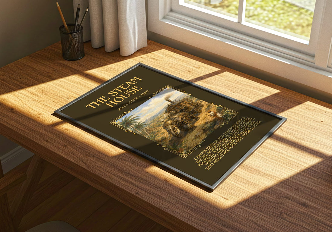 The Steam House Minimalist Book Poster by Jules Verne – print on a sunlit desk