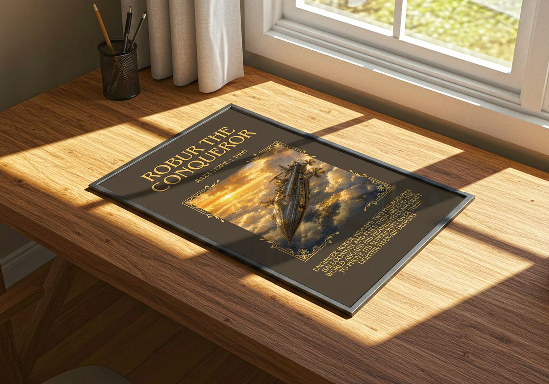 Robur The Conqueror Minimalist Book Poster by Jules Verne – print on a sunlit desk