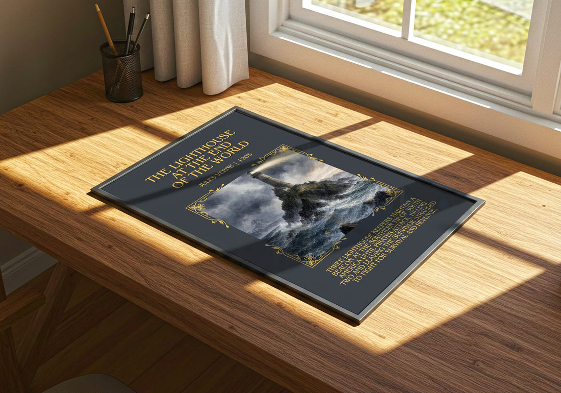 Lighthouse At The End Of The World Minimalist Book Poster by J. Verne – print on a sunlit desk