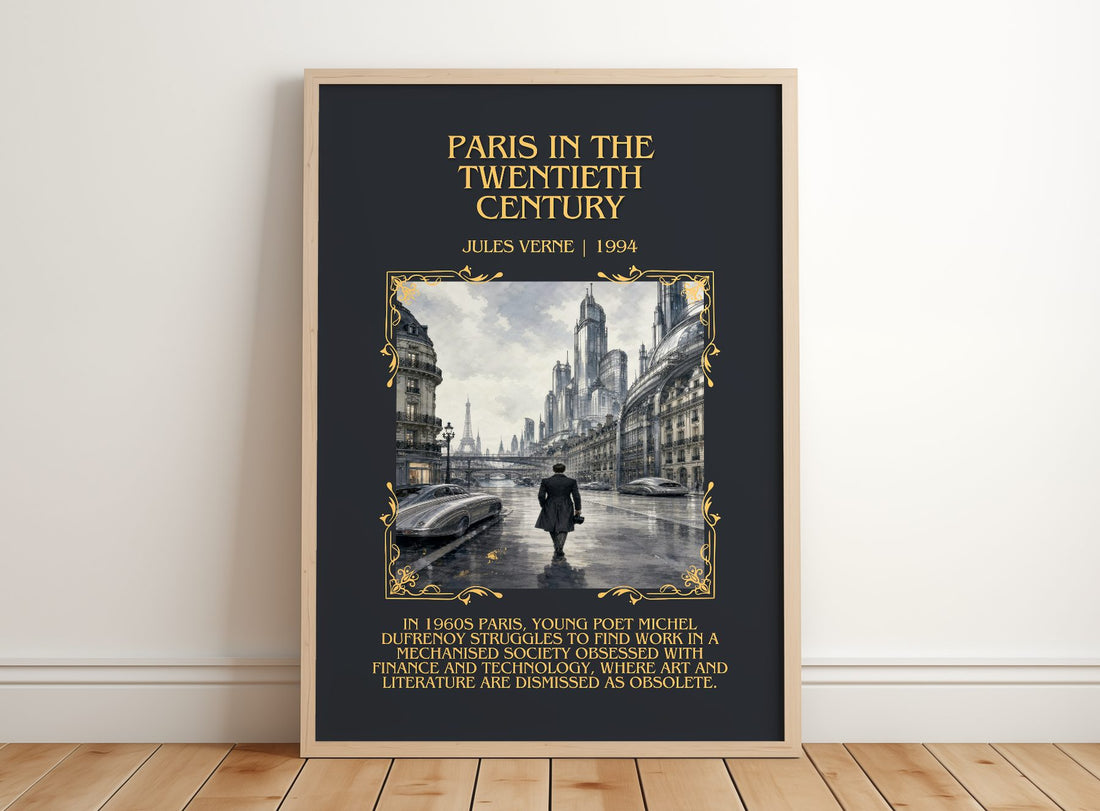 Paris In The Twentieth Century Minimalist Book Poster by Jules Verne – framed print leaning on a wooden floor