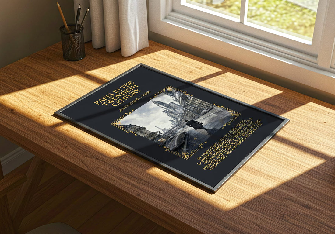 Paris In The Twentieth Century Minimalist Book Poster by Jules Verne – print on a sunlit desk