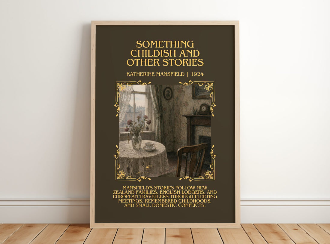 Something Childish And Other Stories Minimalist Book Poster – framed print leaning on a wooden floor