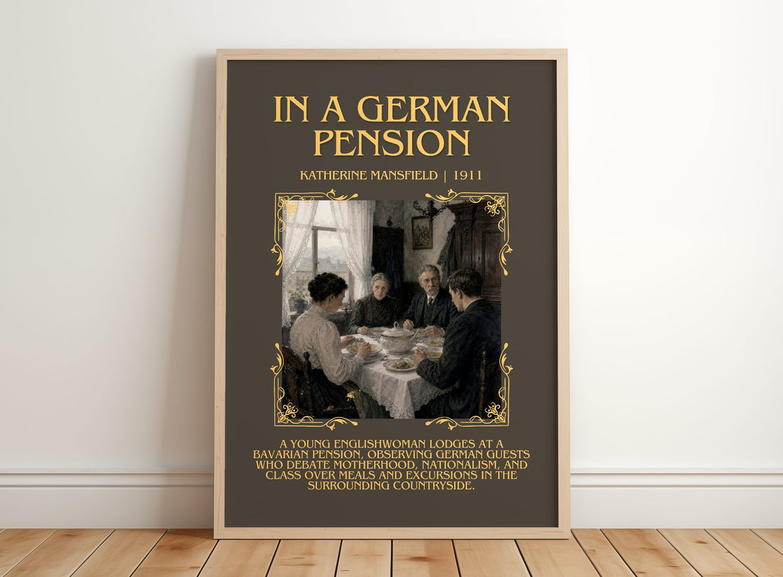 In A German Pension Minimalist Book Poster by Katherine Mansfield – framed print leaning on a wooden floor