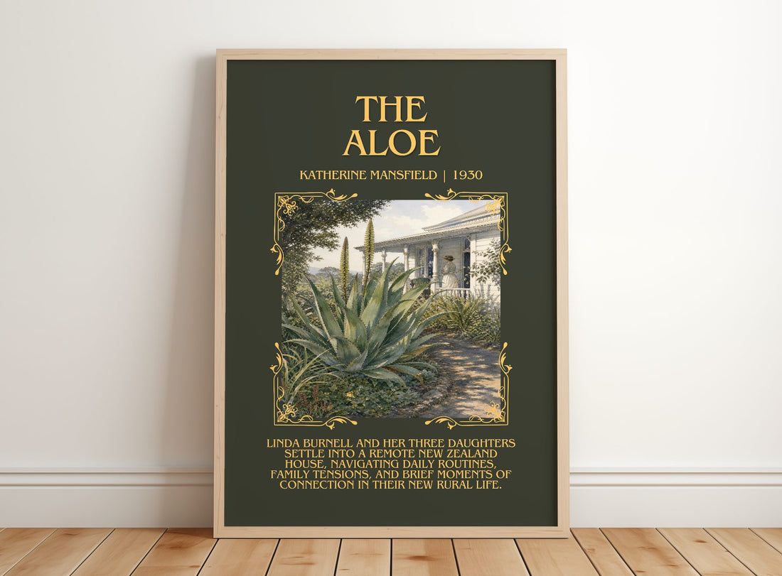 The Aloe Minimalist Book Poster by Katherine Mansfield – framed print leaning on a wooden floor