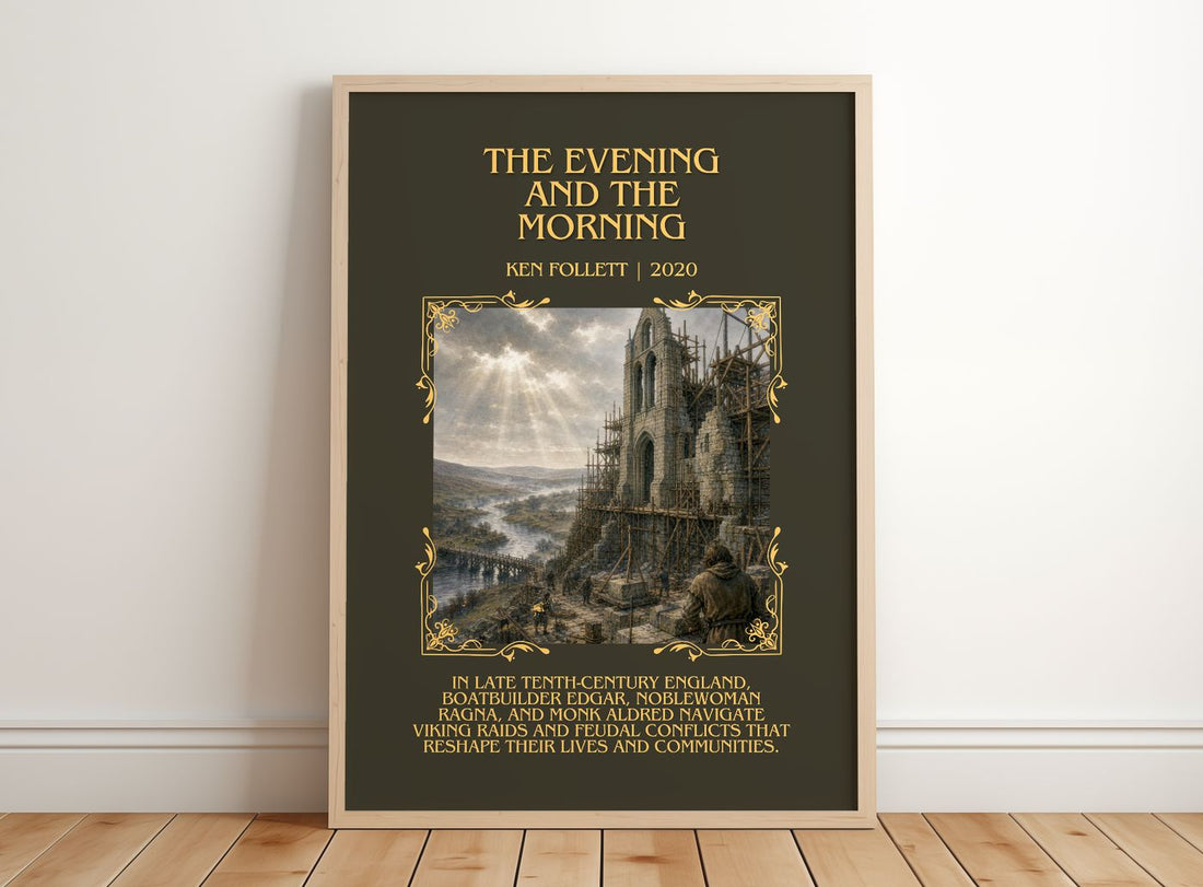The Evening And The Morning Minimalist Book Poster by Ken Follett – framed print leaning on a wooden floor