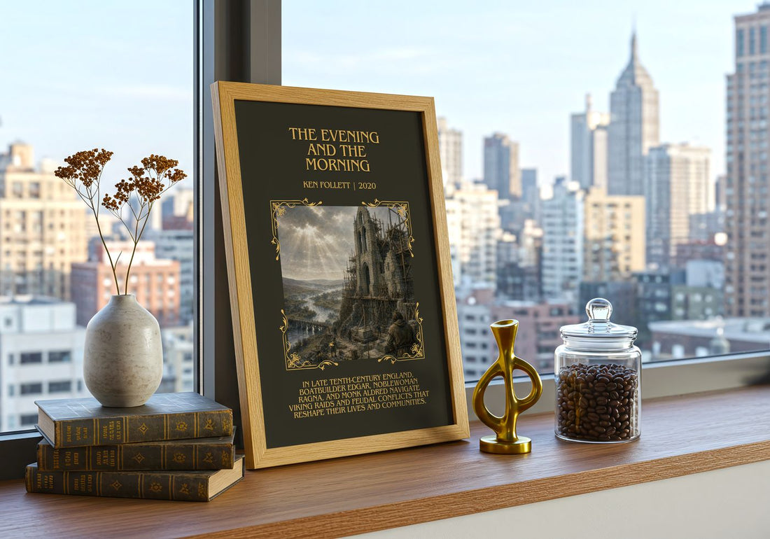 The Evening And The Morning Minimalist Book Poster by Ken Follett – framed print on a city-view windowsill
