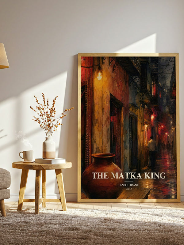 The Matka King watercolour print in frame leaning in hallway – literary fiction wall art
