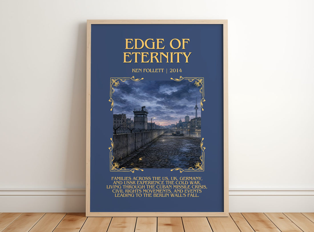 Edge Of Eternity Minimalist Book Poster by Ken Follett – framed print leaning on a wooden floor