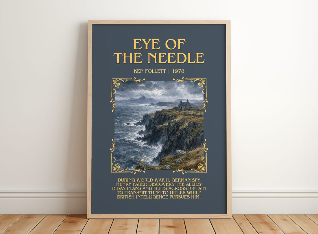 Eye Of The Needle Minimalist Book Poster by Ken Follett – framed print leaning on a wooden floor