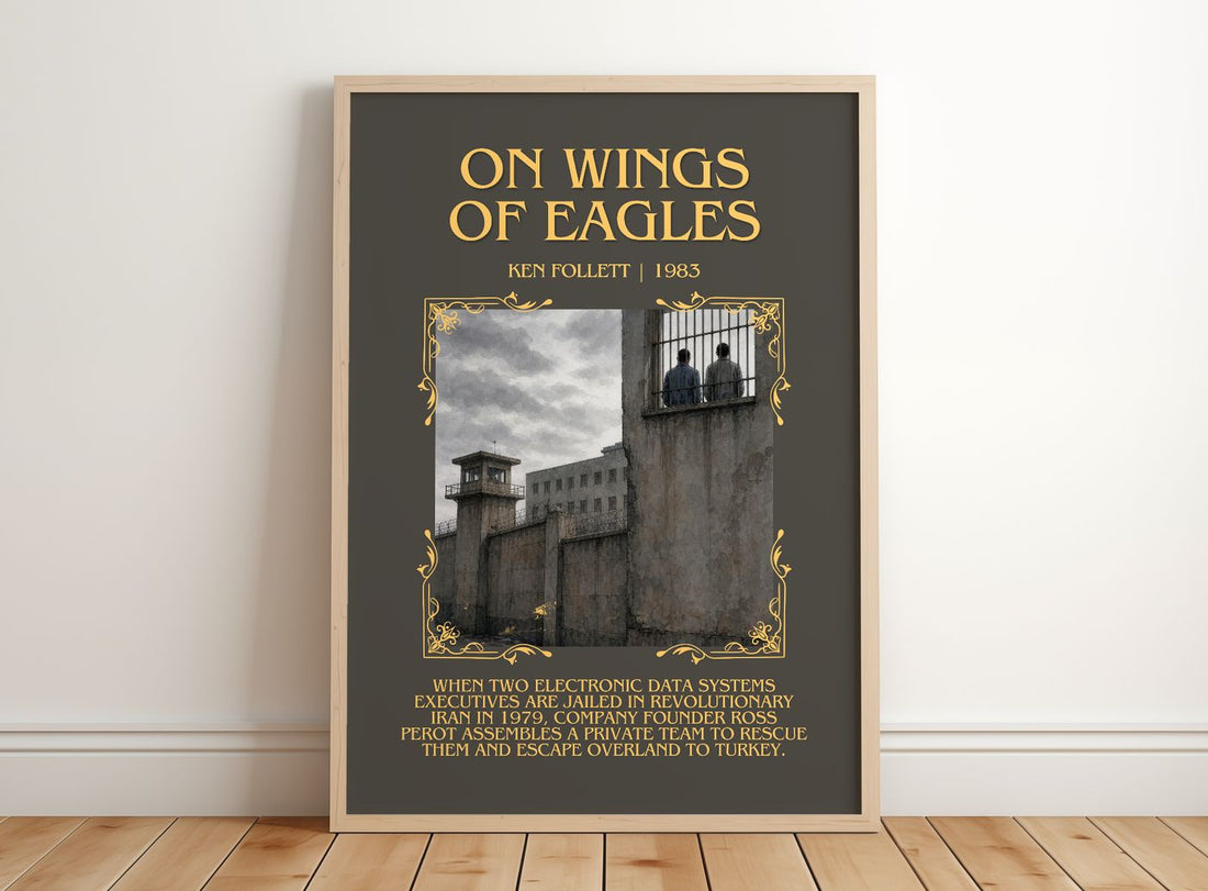 On Wings Of Eagles Minimalist Book Poster by Ken Follett – framed print leaning on a wooden floor