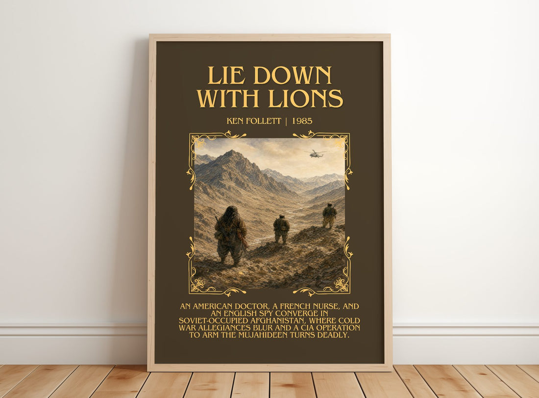 Lie Down With Lions Minimalist Book Poster by Ken Follett – framed print leaning on a wooden floor