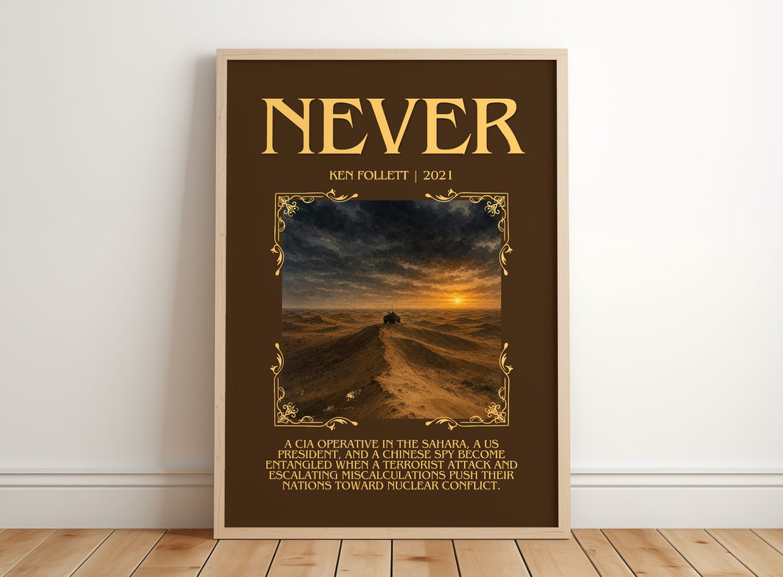 Never Minimalist Book Poster by Ken Follett – framed print leaning on a wooden floor