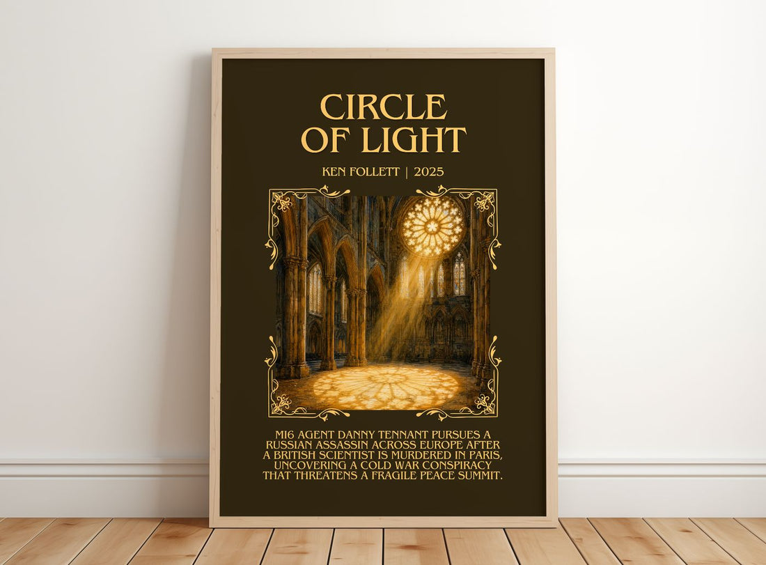 Circle Of Light Minimalist Book Poster by Ken Follett – framed print leaning on a wooden floor