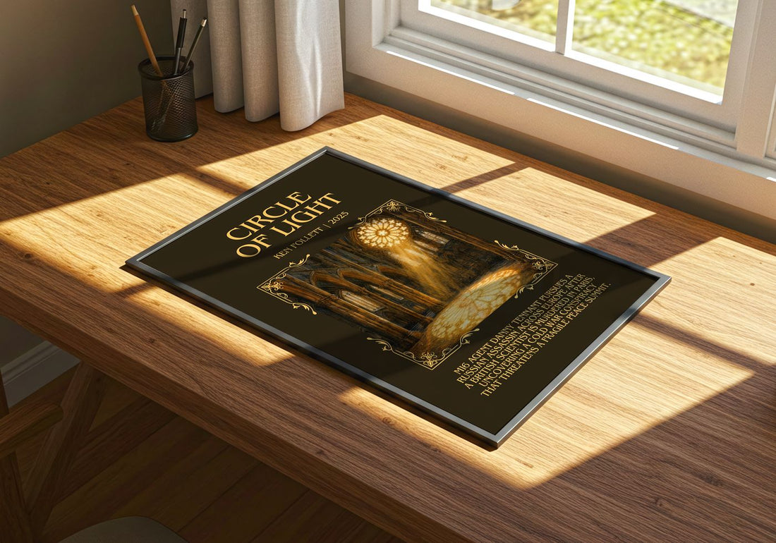 Circle Of Light Minimalist Book Poster by Ken Follett – print on a sunlit desk